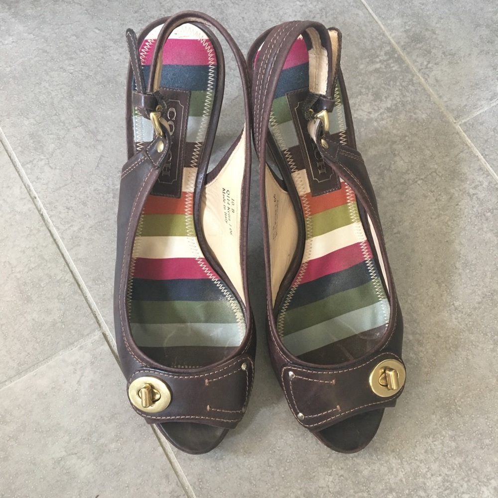 Coach brown slingback heels, brass hardware